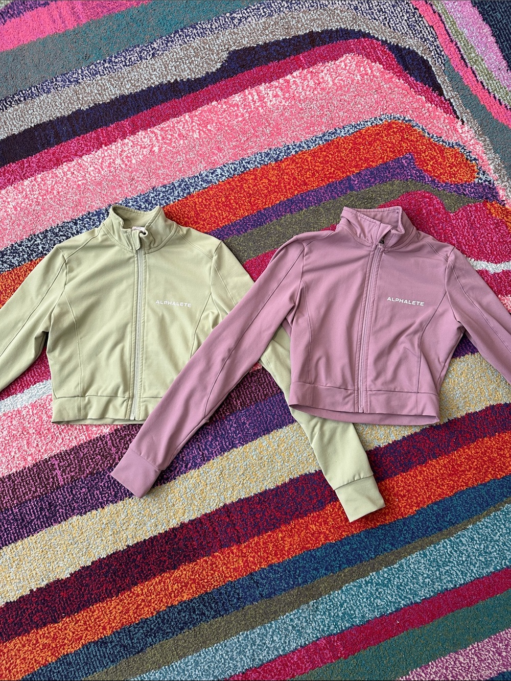 Alphalete Cropped Zip Jackets in Sage Green and Dusty Mauve